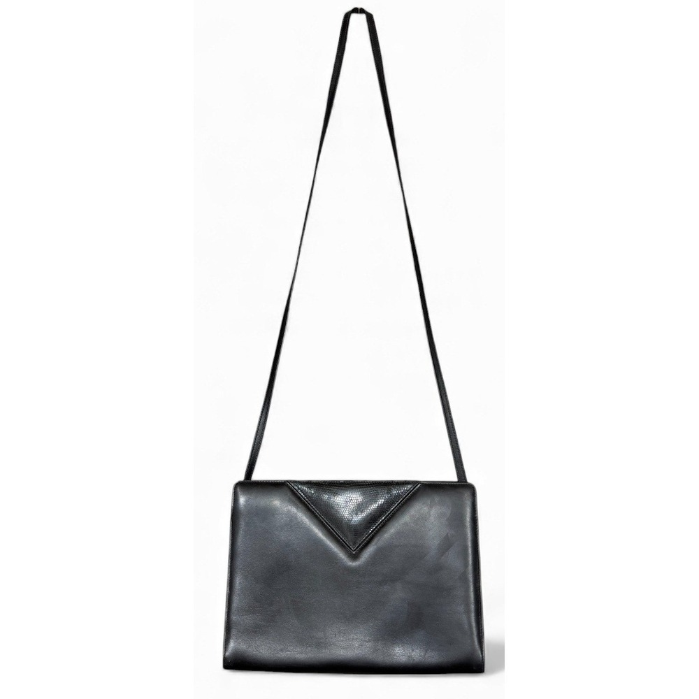 Vintage Salvatore Ferragamo Snakeskin Trim Crossbody Bag Black Leather Gold 70s